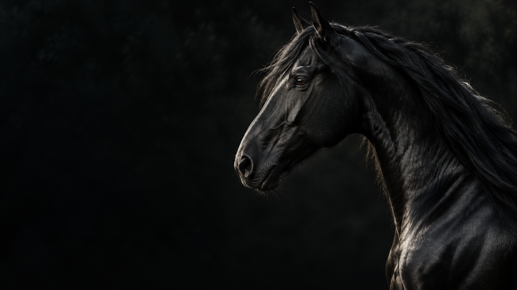 Schwarzes Pferd im Profil mit sanftem Licht auf Fell und Mähne
