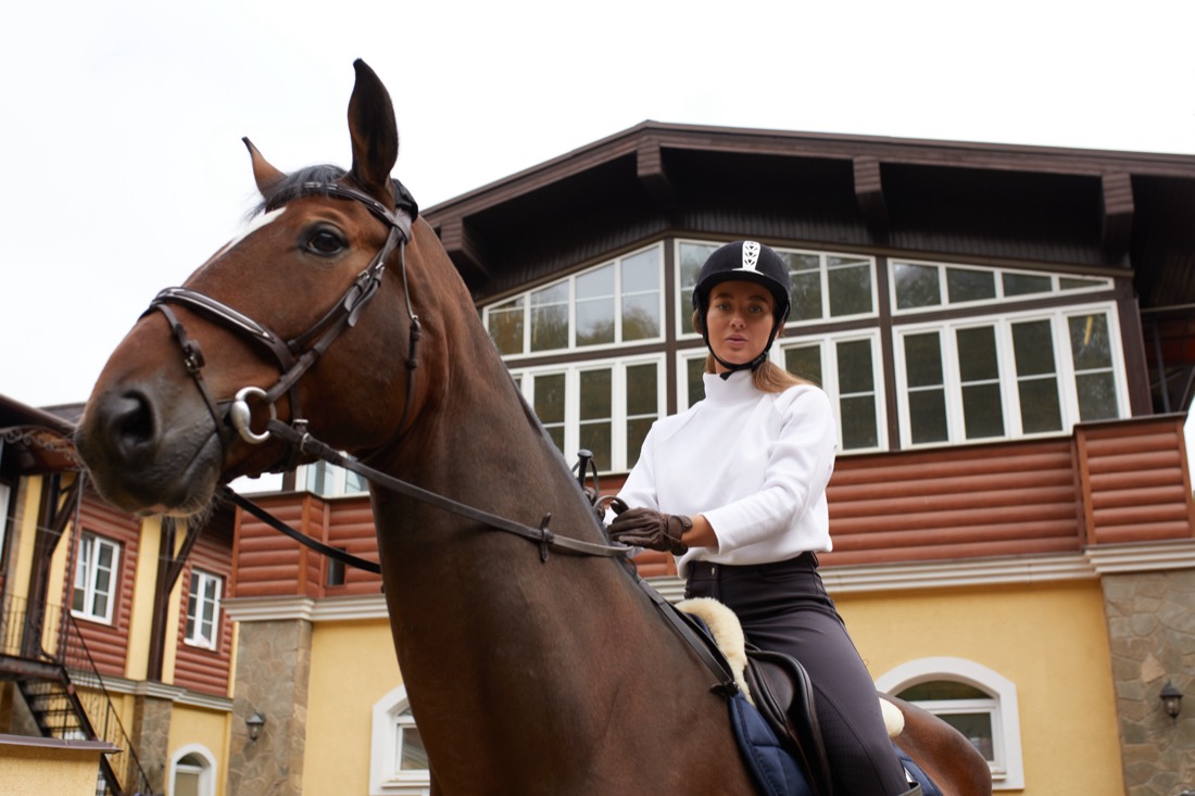 Reiterin auf ihrem braunen Pferd vor einer Reitanlage